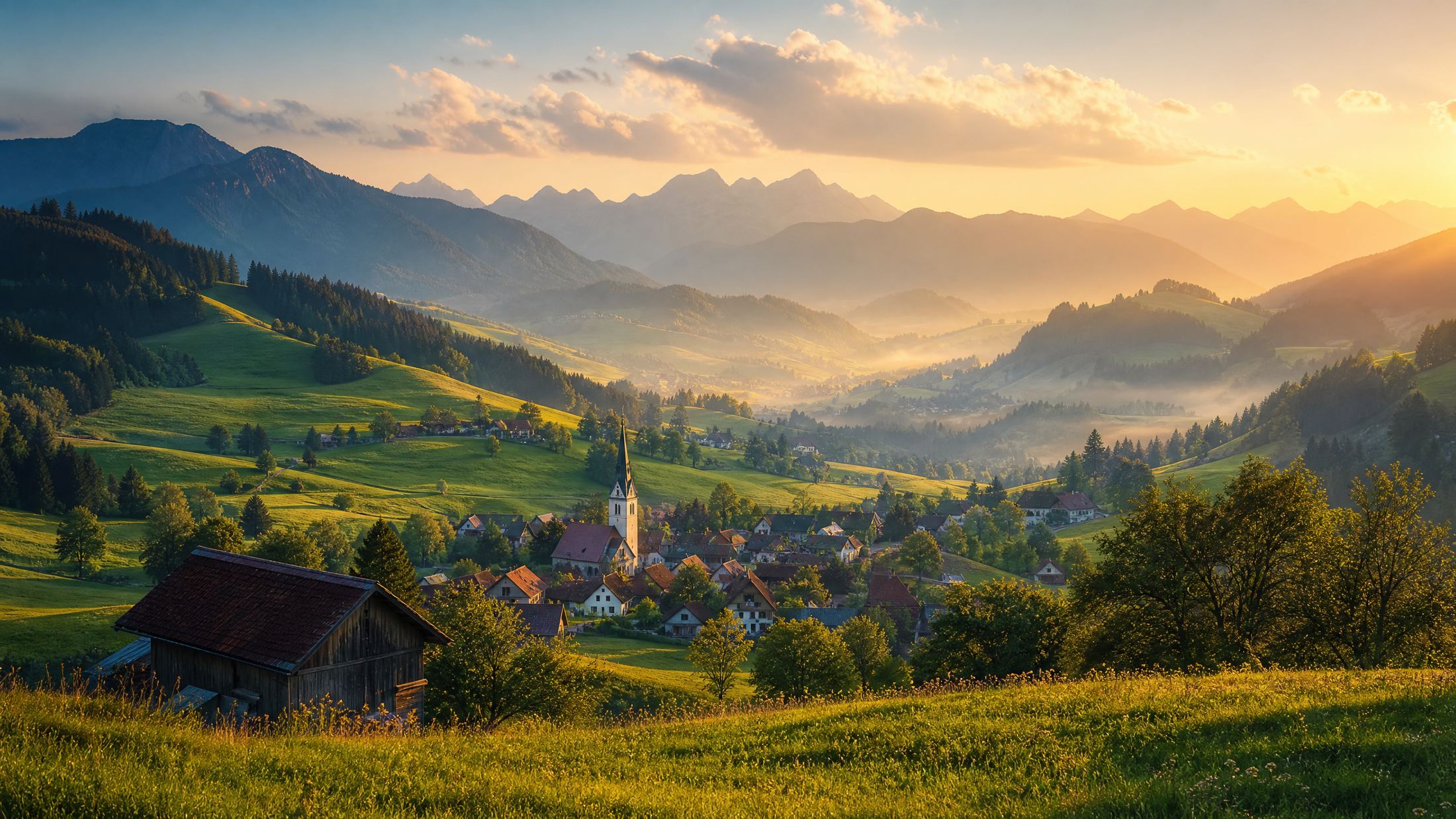 Allgäuer Landschaft mit Dorf und Bergen im Abendlicht